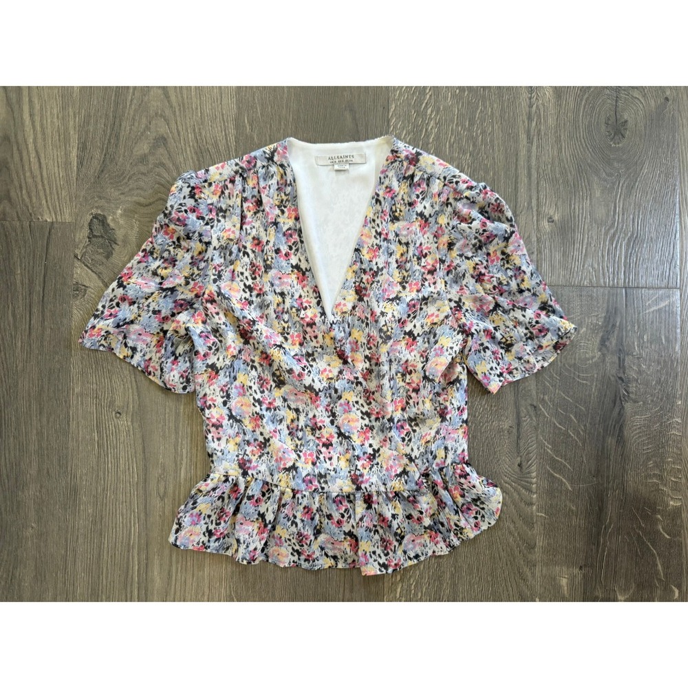 AllSaints Ilia Sketch‎ Top Size 2 Multicolor Floral Peplum Wrap Blouse Excellent